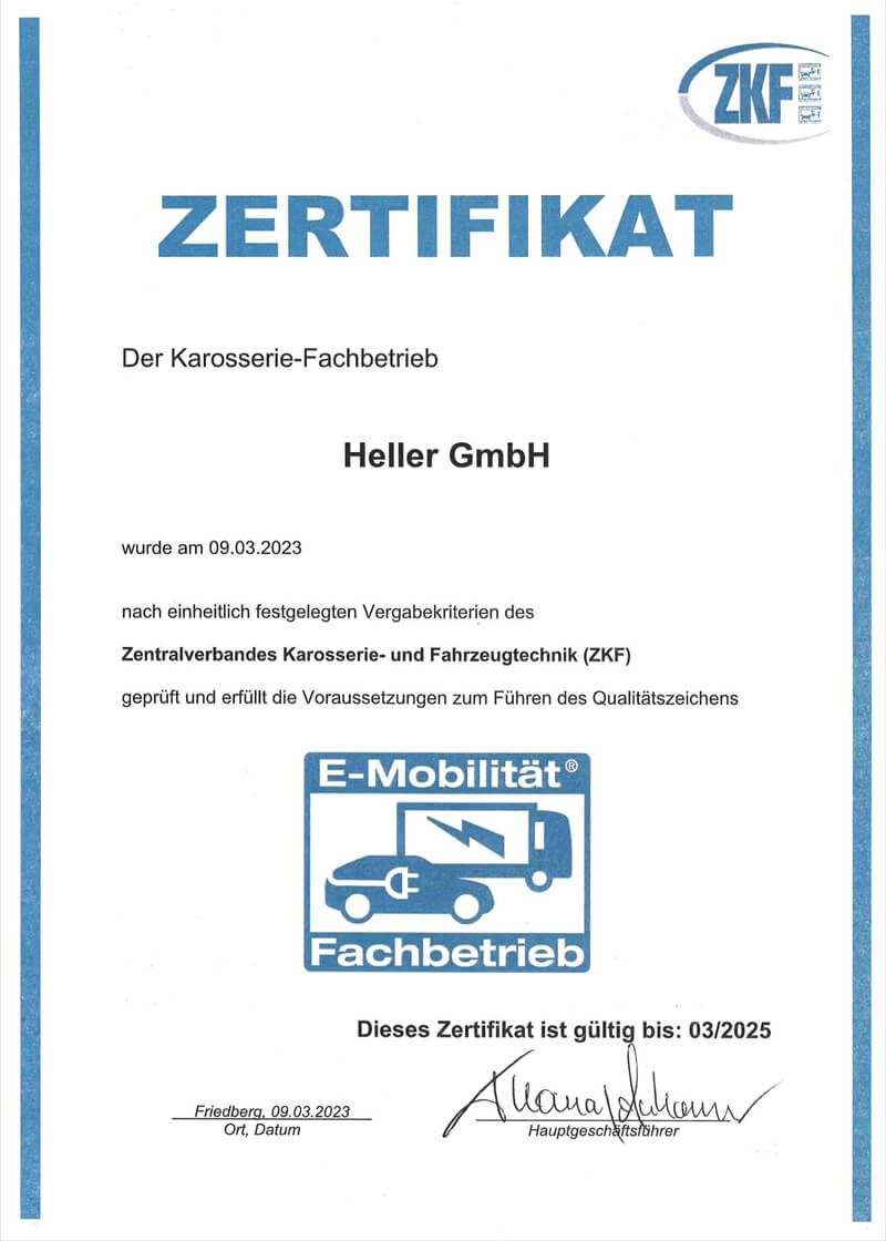 Zertifikat (E-Mobilität Fachbetrieb)